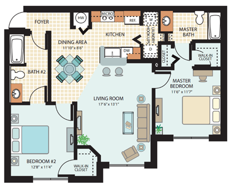 Floor plan for 2 beds, 2 baths, 974 sqft